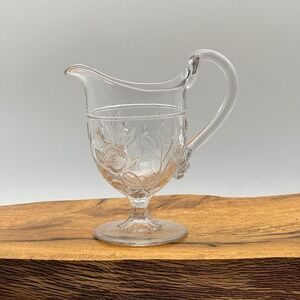 Vintage Clear Pressed Glass Rose Pattern Footed Creamer Pitcher Floral Design